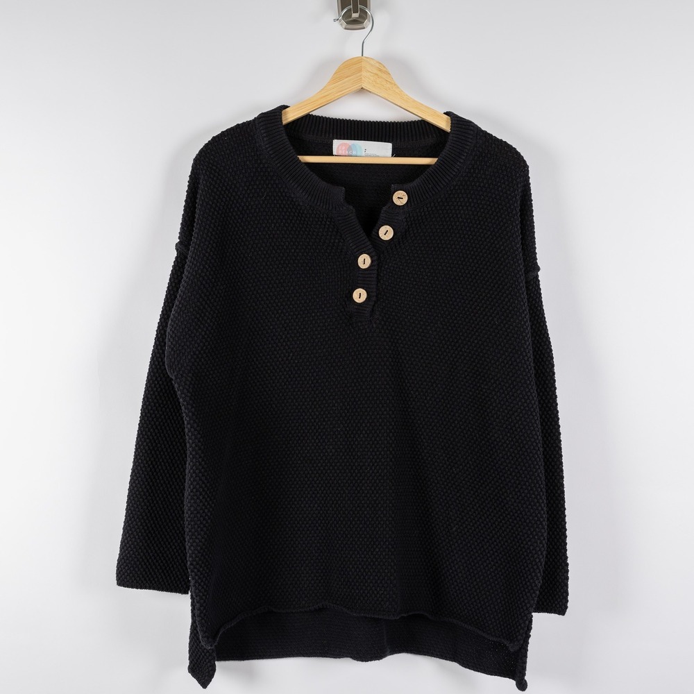 Free People FP Beach Sweater Womens Small‎ Black 100% Cotton Knit Button Front